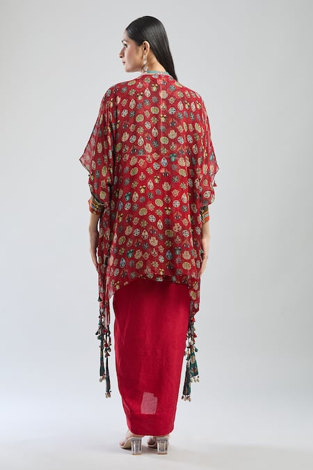 Shop Aseem Kapoor Red Botanical Print Tie-up Cape at Aza Fashions Shop_Aseem Kapoor_Red Botanical Print Tie-up Cape _at_Aza_Fashions