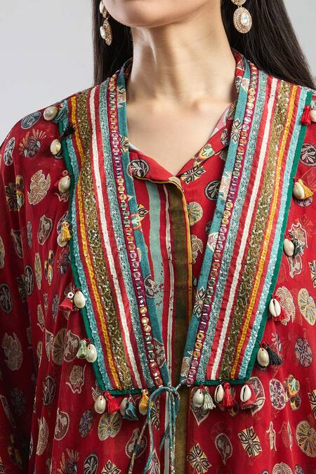 Shop Aseem Kapoor Red Botanical Print Tie-up Cape Online at Aza Fashions Shop_Aseem Kapoor_Red Botanical Print Tie-up Cape _Online_at_Aza_Fashions
