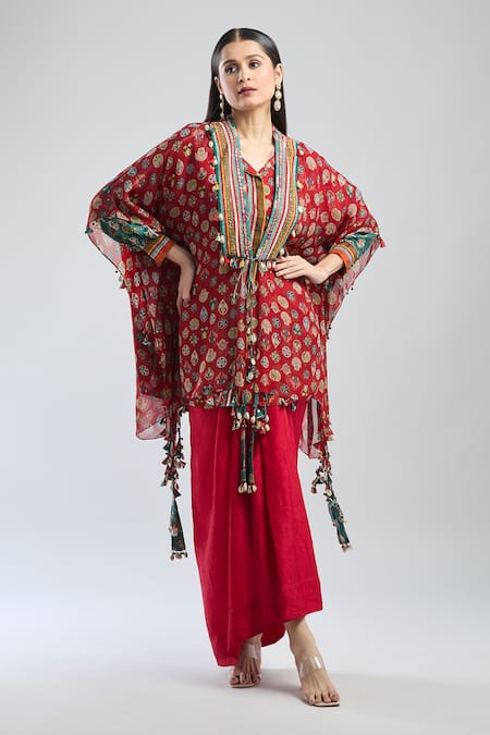 Aseem Kapoor Red Botanical Print Tie-up Cape at Aza Fashions Aseem Kapoor_Red Botanical Print Tie-up Cape _at_Aza_Fashions