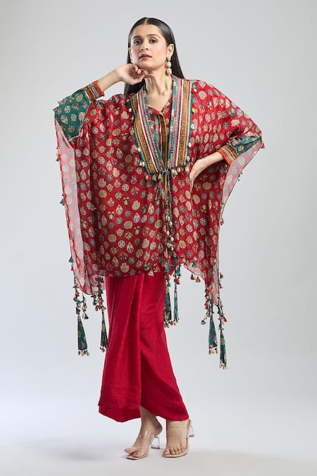 Buy Aseem Kapoor Red Botanical Print Tie-up Cape Buy_Aseem Kapoor_Red Botanical Print Tie-up Cape
