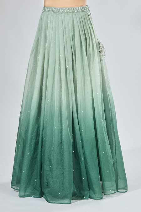 Samyukta Singhania_Green Net, Organza Sequins, Cut Work Asymmetric Ombre Embroidered Lehenga Set _Online_at_Aza_Fashions
