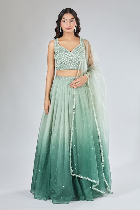Buy_Samyukta Singhania_Green Net, Organza Sequins, Cut Work Asymmetric Ombre Embroidered Lehenga Set _Online_at_Aza_Fashions