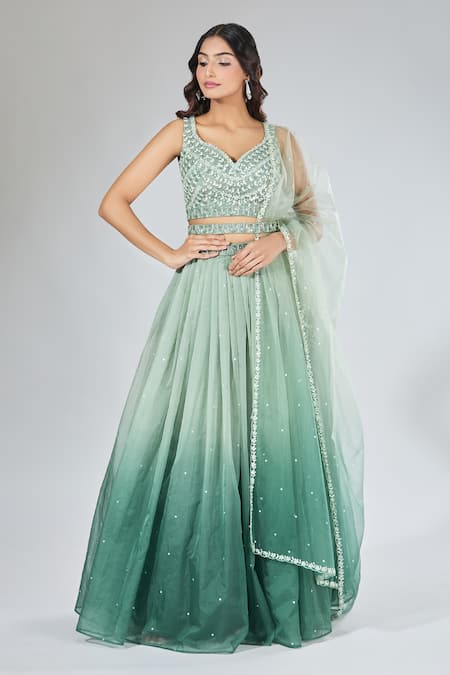 Shop_Samyukta Singhania_Green Net, Organza Sequins, Cut Work Asymmetric Ombre Embroidered Lehenga Set _Online_at_Aza_Fashions