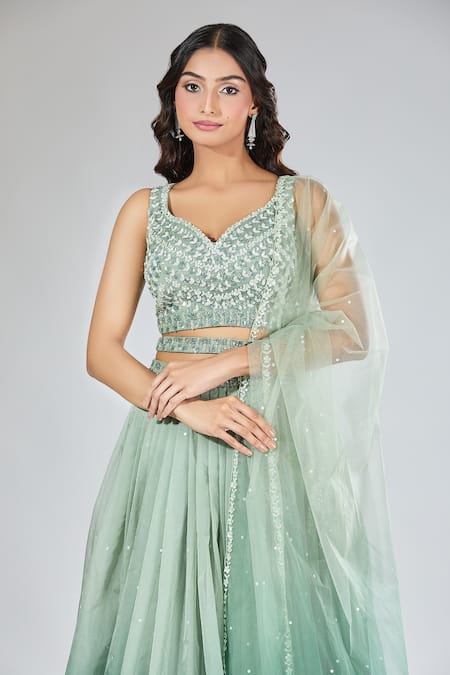 Samyukta Singhania_Green Net, Organza Sequins, Cut Work Asymmetric Ombre Embroidered Lehenga Set _at_Aza_Fashions