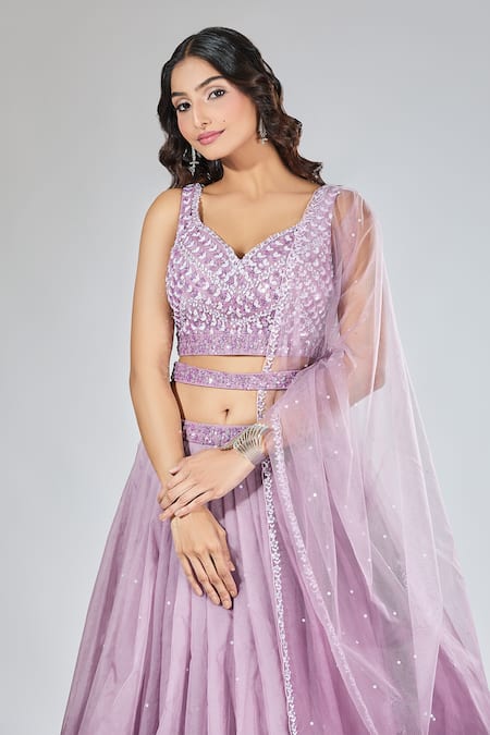Buy_Samyukta Singhania_Purple Organza, Net Sequins, Stones Asymmetric Scatter Embroidered Lehenga Set _Online_at_Aza_Fashions