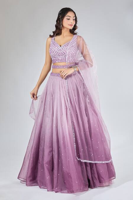 Samyukta Singhania_Purple Organza, Net Sequins, Stones Asymmetric Scatter Embroidered Lehenga Set _at_Aza_Fashions