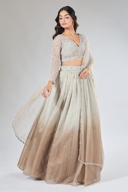 Samyukta Singhania_Beige Net, Organza Sequins, Embroidery, Stones V-neck Ombre Lehenga Set _Online_at_Aza_Fashions