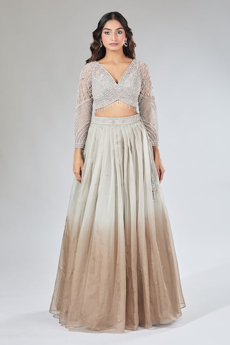 Buy_Samyukta Singhania_Beige Net, Organza Sequins, Embroidery, Stones V-neck Ombre Lehenga Set _Online_at_Aza_Fashions