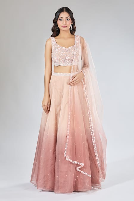 Samyukta Singhania_Peach Organza, Net Cut Work, Pearls, Sequins, Ombre Embroidered Lehenga Set _Online_at_Aza_Fashions