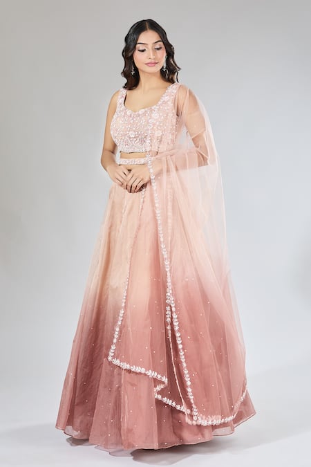 Buy_Samyukta Singhania_Peach Organza, Net Cut Work, Pearls, Sequins, Ombre Embroidered Lehenga Set _Online_at_Aza_Fashions