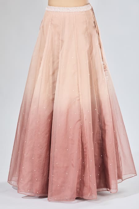 Shop_Samyukta Singhania_Peach Organza, Net Cut Work, Pearls, Sequins, Ombre Embroidered Lehenga Set _Online_at_Aza_Fashions