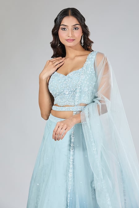 Buy_Samyukta Singhania_Blue Organza, Net Sequins, Stones, Cut Work, Embroidery Ombre Lehenga Set _Online_at_Aza_Fashions