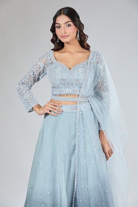 Samyukta Singhania_Gray Net, Organza Cut Work, Pearls, Sequins, Embroidery Ombre Lehenga Set _Online_at_Aza_Fashions