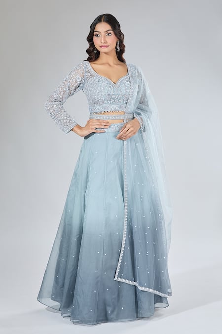 Buy_Samyukta Singhania_Gray Net, Organza Cut Work, Pearls, Sequins, Embroidery Ombre Lehenga Set _Online_at_Aza_Fashions