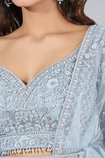 Samyukta Singhania_Gray Net, Organza Cut Work, Pearls, Sequins, Embroidery Ombre Lehenga Set _at_Aza_Fashions
