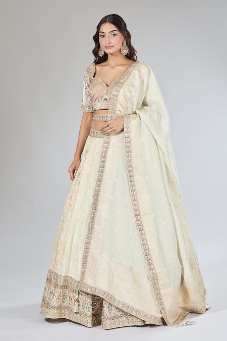 Samyukta Singhania Beige Crepe, Silk Sequins, Zari Sweetheart Neck Embroidered And Lehenga Set Online at Aza Fashions Samyukta Singhania_Beige Crepe, Silk Sequins, Zari Sweetheart Neck Embroidered And Lehenga Set _Online_at_Aza_Fashions