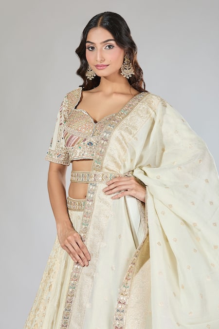 Buy Samyukta Singhania Beige Crepe, Silk Sequins, Zari Sweetheart Neck Embroidered And Lehenga Set Online at Aza Fashions Buy_Samyukta Singhania_Beige Crepe, Silk Sequins, Zari Sweetheart Neck Embroidered And Lehenga Set _Online_at_Aza_Fashions