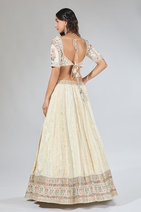 Shop Samyukta Singhania Beige Crepe, Silk Sequins, Zari Sweetheart Neck Embroidered And Lehenga Set at Aza Fashions Shop_Samyukta Singhania_Beige Crepe, Silk Sequins, Zari Sweetheart Neck Embroidered And Lehenga Set _at_Aza_Fashions