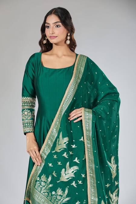 Samyukta Singhania Green Silk, Organza Sequins, Zari Round Neck Embroidered Anarkali Set Online at Aza Fashions Samyukta Singhania_Green Silk, Organza Sequins, Zari Round Neck Embroidered Anarkali Set _Online_at_Aza_Fashions