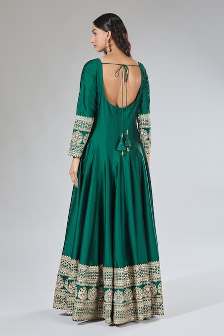 Shop Samyukta Singhania Green Silk, Organza Sequins, Zari Round Neck Embroidered Anarkali Set at Aza Fashions Shop_Samyukta Singhania_Green Silk, Organza Sequins, Zari Round Neck Embroidered Anarkali Set _at_Aza_Fashions