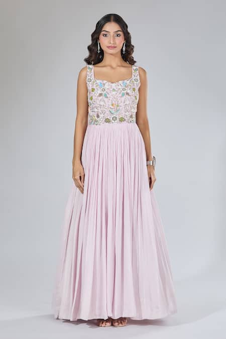 Samyukta Singhania_Lavender Net Cut Work, Pearls Sweetheart Neck Embroidered Anarkali Set_Online_at_Aza_Fashions