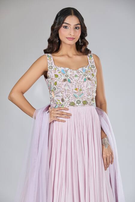 Shop_Samyukta Singhania_Lavender Net Cut Work, Pearls Sweetheart Neck Embroidered Anarkali Set_Online_at_Aza_Fashions