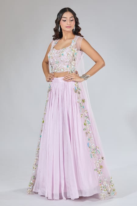 Shop_Samyukta Singhania_Purple Silk, Net, Chiffon Cut Work, Pearls, Embroidery Jacket Lehenga Set_Online_at_Aza_Fashions
