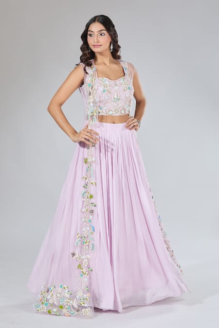 Samyukta Singhania_Purple Silk, Net, Chiffon Cut Work, Pearls, Embroidery Jacket Lehenga Set_at_Aza_Fashions