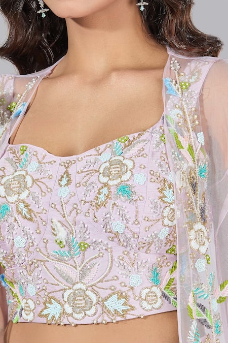 Buy_Samyukta Singhania_Purple Silk, Net, Chiffon Cut Work, Pearls, Embroidery Jacket Lehenga Set