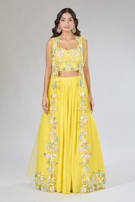 Samyukta Singhania_Yellow Chiffon, Silk, Net Cut Work, Pearls Embroidered Jacket Lehenga Set_Online_at_Aza_Fashions