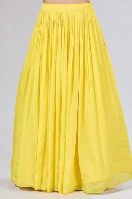 Shop_Samyukta Singhania_Yellow Chiffon, Silk, Net Cut Work, Pearls Embroidered Jacket Lehenga Set_Online_at_Aza_Fashions