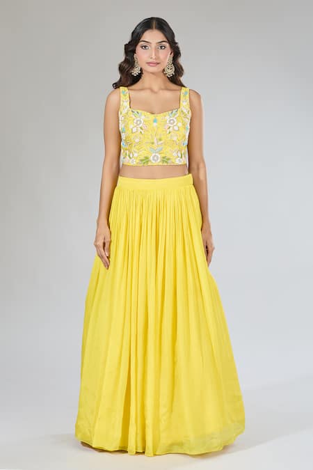 Samyukta Singhania_Yellow Chiffon, Silk, Net Cut Work, Pearls Embroidered Jacket Lehenga Set_at_Aza_Fashions