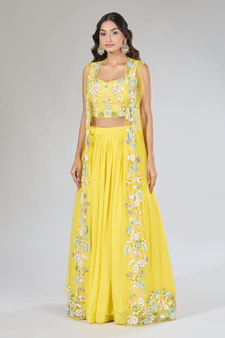 Buy_Samyukta Singhania_Yellow Chiffon, Silk, Net Cut Work, Pearls Embroidered Jacket Lehenga Set