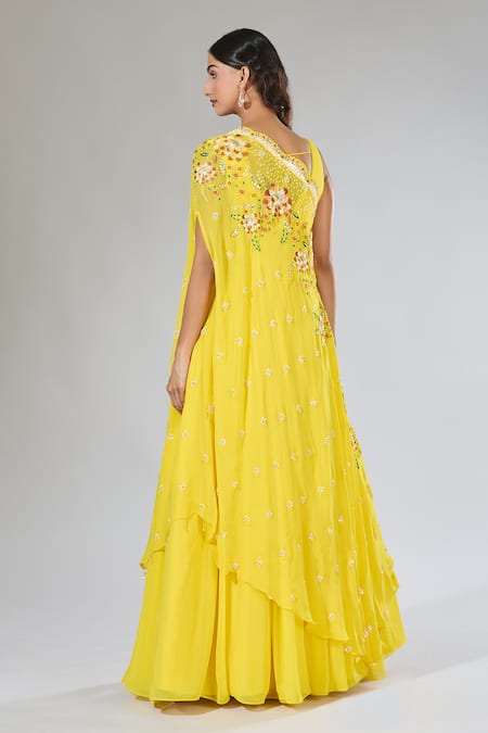 Shop Samyukta Singhania Yellow Georgette Cut Work, Sequins Embroidered Anarkali And Drape Set at Aza Fashions Shop_Samyukta Singhania_Yellow Georgette Cut Work, Sequins Embroidered Anarkali And Drape Set _at_Aza_Fashions