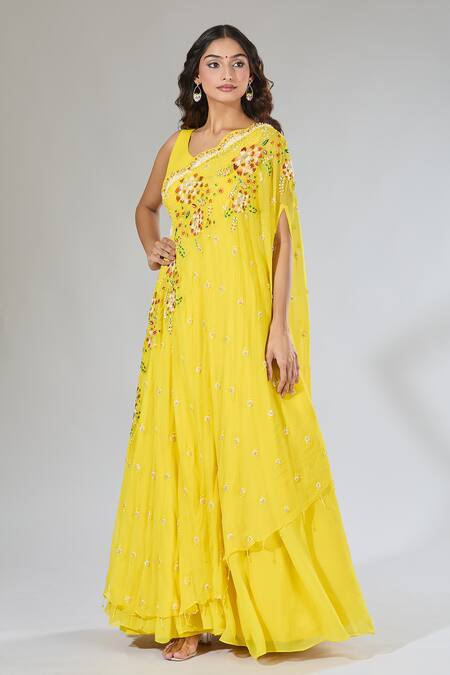 Samyukta Singhania Yellow Georgette Cut Work, Sequins Embroidered Anarkali And Drape Set Online at Aza Fashions Samyukta Singhania_Yellow Georgette Cut Work, Sequins Embroidered Anarkali And Drape Set _Online_at_Aza_Fashions