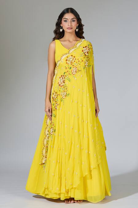 Shop Samyukta Singhania Yellow Georgette Cut Work, Sequins Embroidered Anarkali And Drape Set Online at Aza Fashions Shop_Samyukta Singhania_Yellow Georgette Cut Work, Sequins Embroidered Anarkali And Drape Set _Online_at_Aza_Fashions