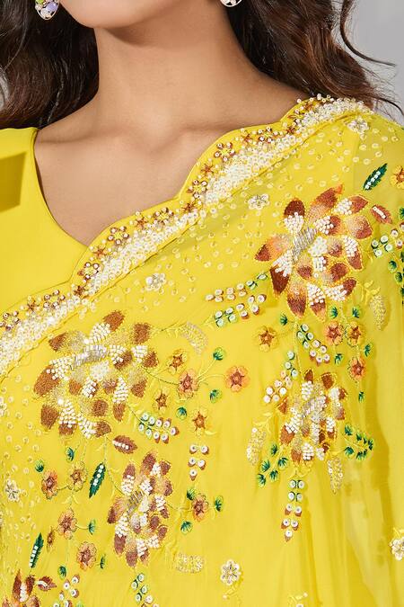 Samyukta Singhania Yellow Georgette Cut Work, Sequins Embroidered Anarkali And Drape Set at Aza Fashions Samyukta Singhania_Yellow Georgette Cut Work, Sequins Embroidered Anarkali And Drape Set _at_Aza_Fashions