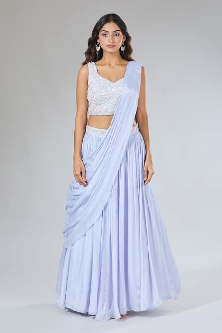 Samyukta Singhania_Blue Chiffon, Silk, Net Pearls, Sequins, Beads, Jacket Draped Lehenga Set _Online_at_Aza_Fashions