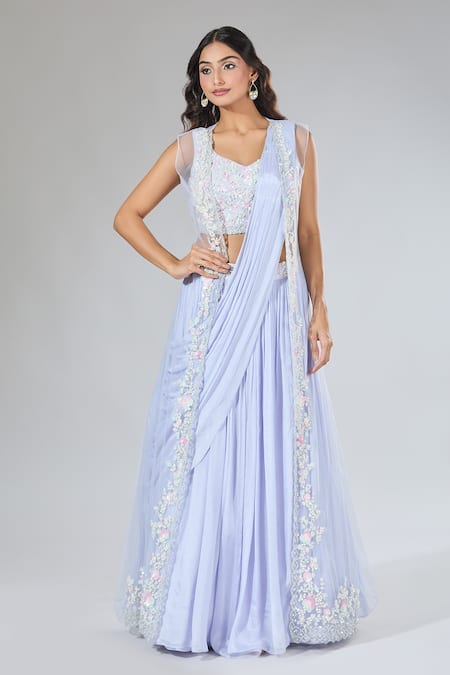 Buy_Samyukta Singhania_Blue Chiffon, Silk, Net Pearls, Sequins, Beads, Jacket Draped Lehenga Set _Online_at_Aza_Fashions