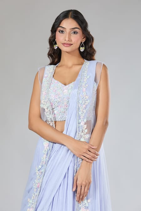 Shop_Samyukta Singhania_Blue Chiffon, Silk, Net Pearls, Sequins, Beads, Jacket Draped Lehenga Set _Online_at_Aza_Fashions