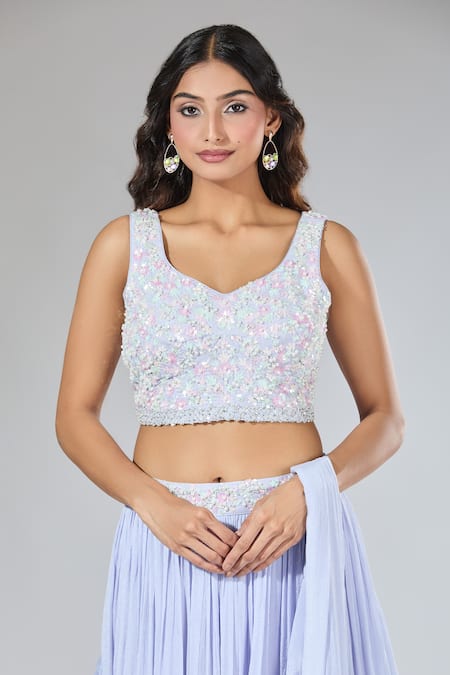 Samyukta Singhania_Blue Chiffon, Silk, Net Pearls, Sequins, Beads, Jacket Draped Lehenga Set _at_Aza_Fashions