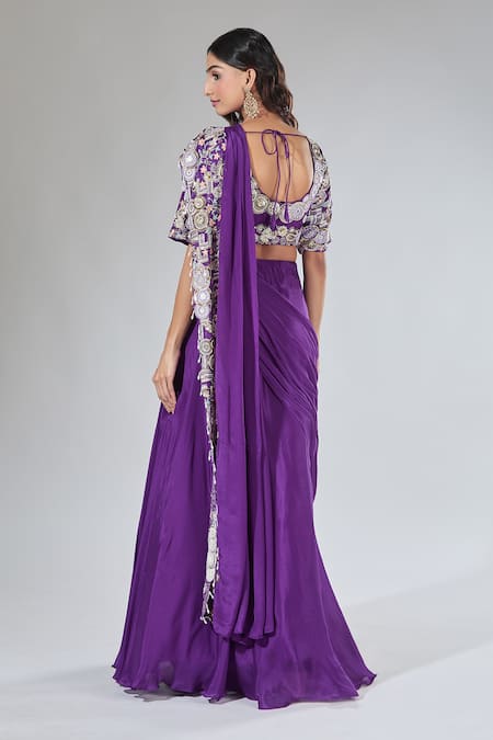 Shop Samyukta Singhania Purple Chiffon, Silk Sequins, Embroidery Blouse And Draped Pleated Lehenga Set at Aza Fashions Shop_Samyukta Singhania_Purple Chiffon, Silk Sequins, Embroidery Blouse And Draped Pleated Lehenga Set_at_Aza_Fashions