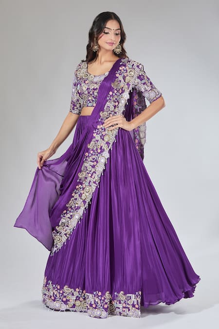 Shop Samyukta Singhania Purple Chiffon, Silk Sequins, Embroidery Blouse And Draped Pleated Lehenga Set Online at Aza Fashions Shop_Samyukta Singhania_Purple Chiffon, Silk Sequins, Embroidery Blouse And Draped Pleated Lehenga Set_Online_at_Aza_Fashions