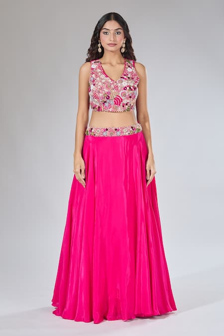 Samyukta Singhania Fuchsia Silk, Crepe, Organza Pearls, Sequins, Embroidery Draped Lehenga Set Online at Aza Fashions Samyukta Singhania_Fuchsia Silk, Crepe, Organza Pearls, Sequins, Embroidery Draped Lehenga Set_Online_at_Aza_Fashions