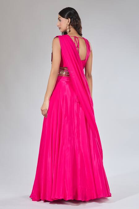Shop Samyukta Singhania Fuchsia Silk, Crepe, Organza Pearls, Sequins, Embroidery Draped Lehenga Set at Aza Fashions Shop_Samyukta Singhania_Fuchsia Silk, Crepe, Organza Pearls, Sequins, Embroidery Draped Lehenga Set_at_Aza_Fashions