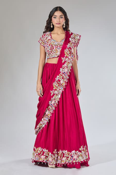 Samyukta Singhania_Red Chiffon, Silk Embroidery, Zari, Pearls, Sequins Draped Lehenga Set_Online_at_Aza_Fashions