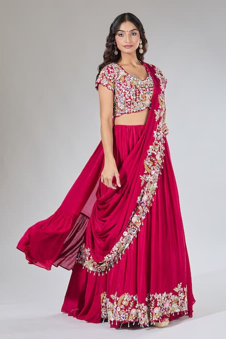 Buy_Samyukta Singhania_Red Chiffon, Silk Embroidery, Zari, Pearls, Sequins Draped Lehenga Set_Online_at_Aza_Fashions
