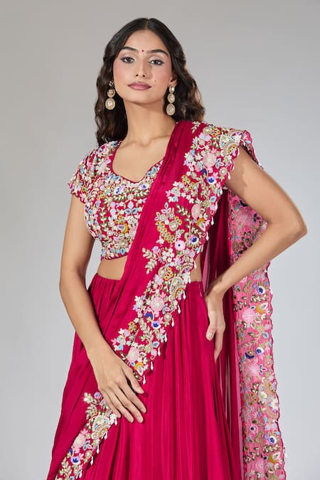 Shop_Samyukta Singhania_Red Chiffon, Silk Embroidery, Zari, Pearls, Sequins Draped Lehenga Set_Online_at_Aza_Fashions