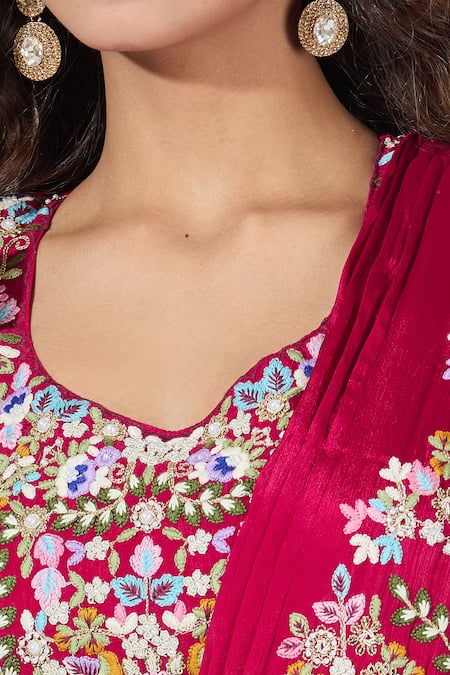 Samyukta Singhania_Red Chiffon, Silk Embroidery, Zari, Pearls, Sequins Draped Lehenga Set_at_Aza_Fashions