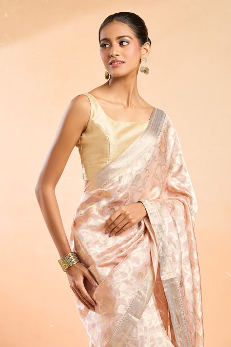 Mint N Oranges_Pink Tissue, Silk Zari Round Neck Gul Woven Saree With Unstitched Blouse _Online_at_Aza_Fashions